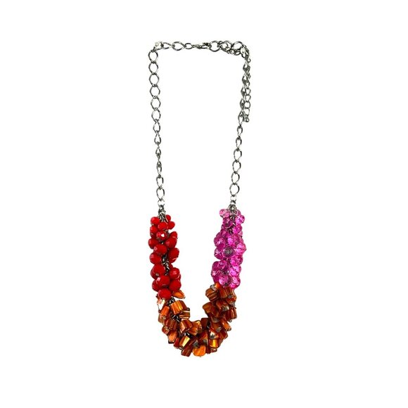 Statement Necklace Retro Boho Pink Red & Amber Stones Beads Silver Link Chain - Picture 1 of 6